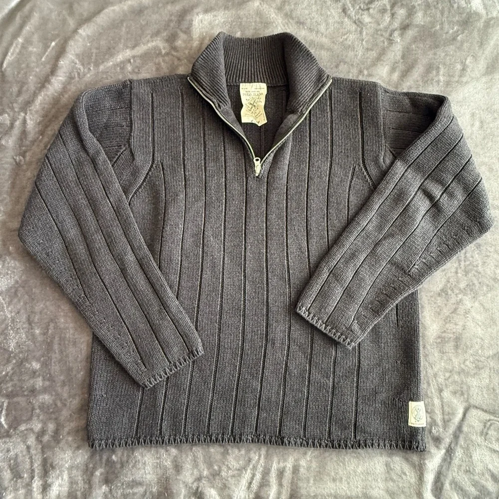 Ralph Lauren Polo Jeans 1/4 Zip Sweater Mens L Ribbed Chunky Knit Cotton Preppy